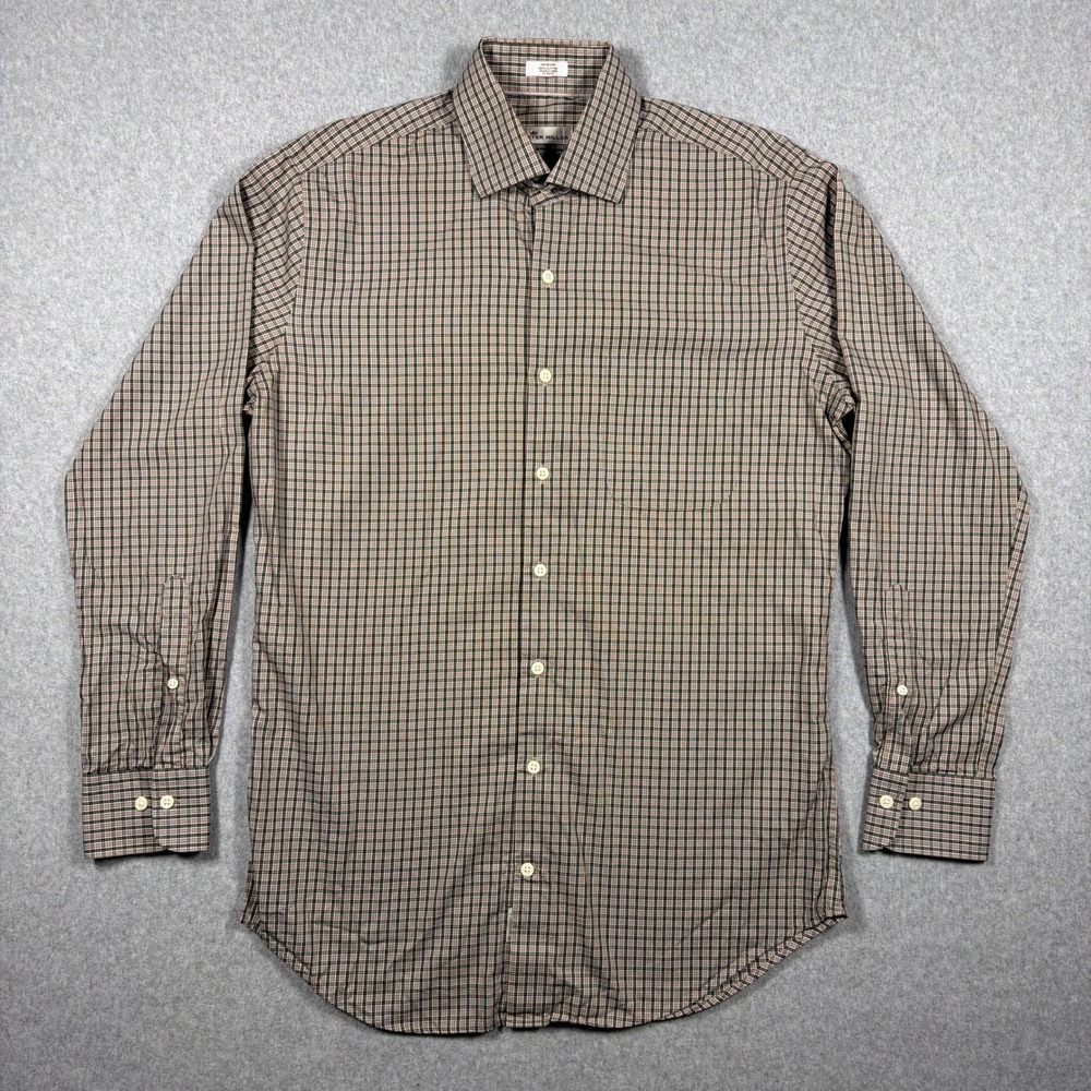 Peter Millar Mens Medium Brown Tan Blue Check Cotton Button Down Long Sleeve